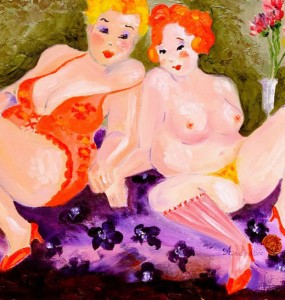Evening Belles - colorful original oil painting of women in lingerie